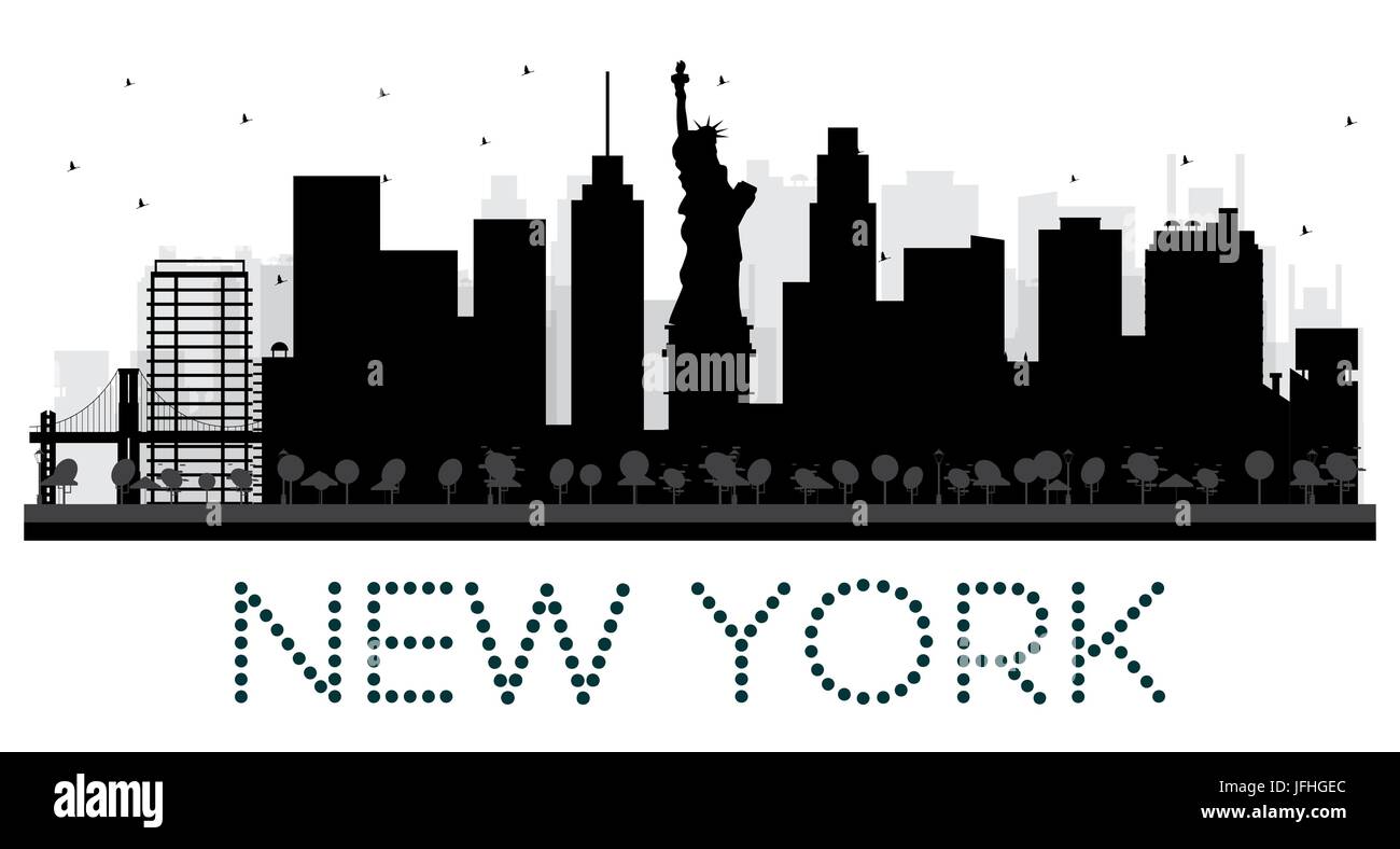 New York skyline della città in bianco e nero la silhouette. Illustrazione Vettoriale. Piatto semplice concetto per il turismo presentazione, banner, cartellone o sito web. Illustrazione Vettoriale