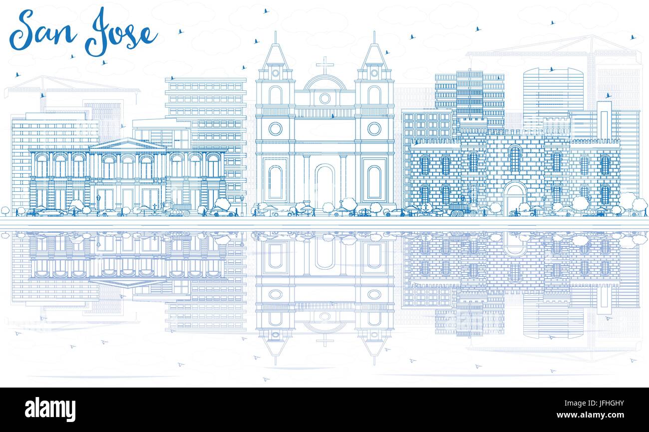 Profilo san jose skyline con edifici blu e riflessi. illustrazione vettoriale. viaggi di affari e di turismo con il concetto di architettura moderna. Illustrazione Vettoriale