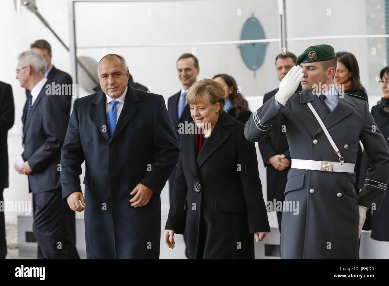 Merkel accoglie PM Borisov della Bulgaria a Berlino. Foto Stock