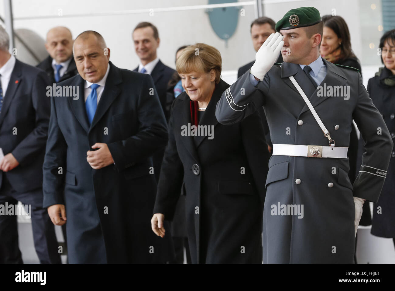 Merkel accoglie PM Borisov della Bulgaria a Berlino. Foto Stock