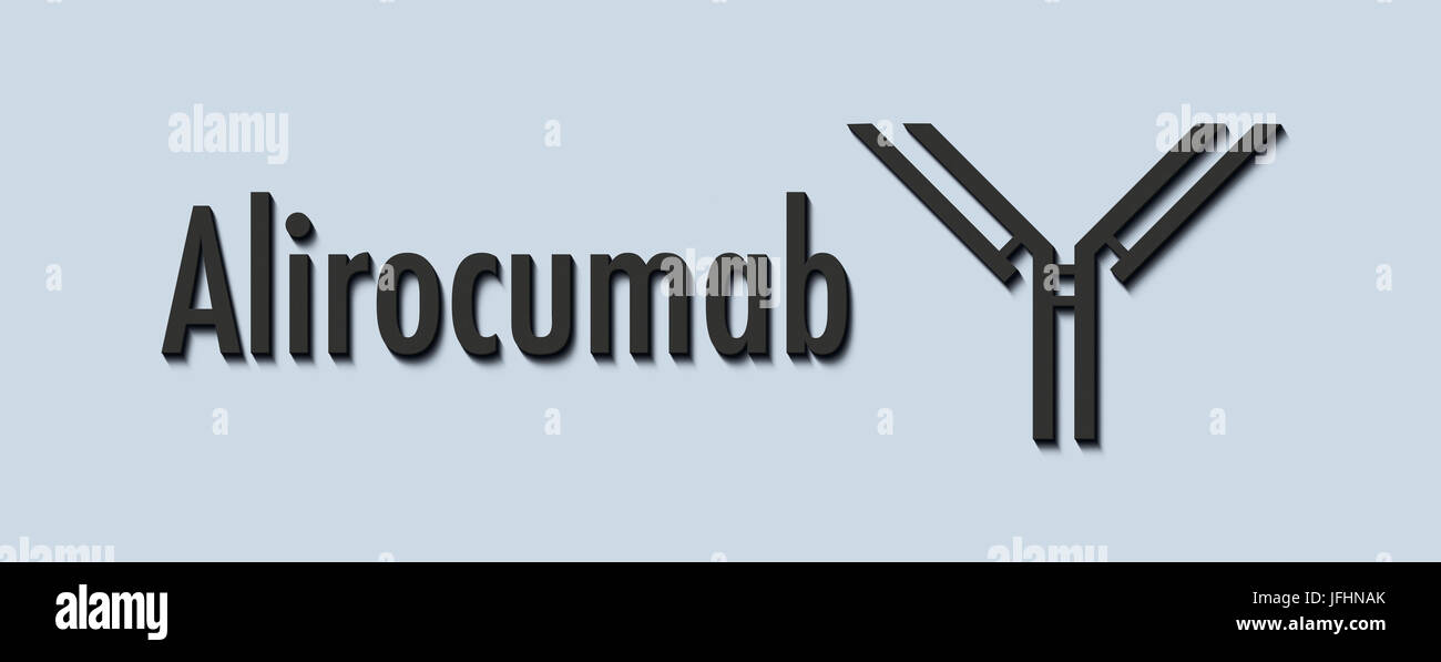 Alirocumab anticorpo monoclonale farmaco. Riduce i livelli di colesterolo LDL nel sangue mediante targeting PCSK9. Nome generico e stilizzate di anticorpo. Foto Stock