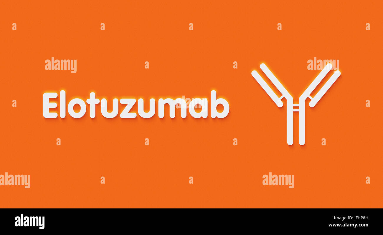 Elotuzumab anticorpo monoclonale farmaco. Obiettivi SLAMF7 (CD319) ed è utilizzato per il trattamento del mieloma multiplo. Nome generico e stilizzate di anticorpo. Foto Stock