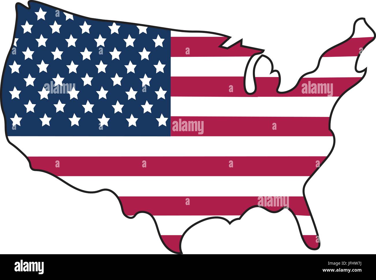 Bandiera americana in forma di Stati Uniti d'America in formato vettoriale su sfondo bianco. Illustrazione Vettoriale