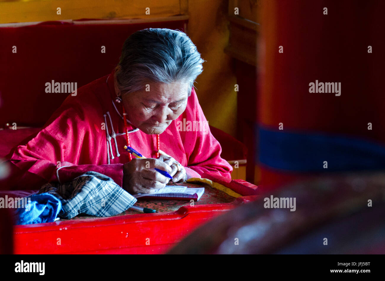 Mongolia, Asia Centrale, steppa scenario di Khogno Khan, chiostro rovina Ovgon Hiid, vecchia donna Foto Stock