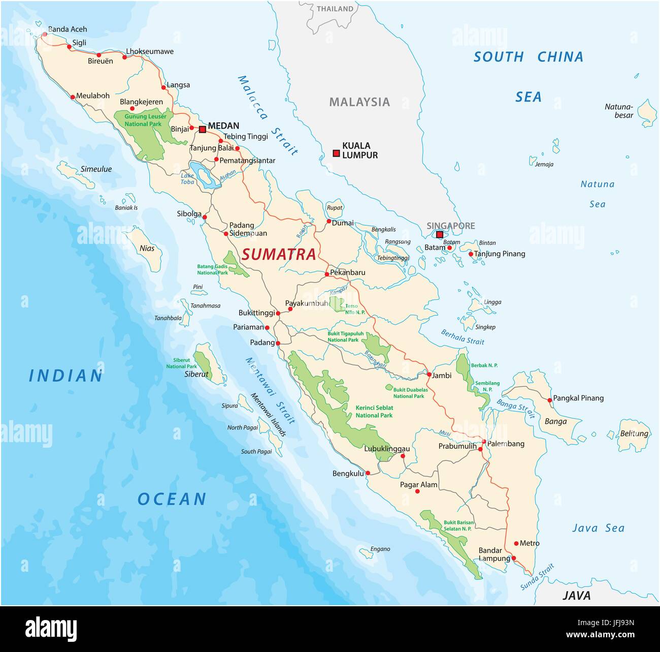 Mappa stradale dell'isola indonesiana di Sumatra Illustrazione Vettoriale