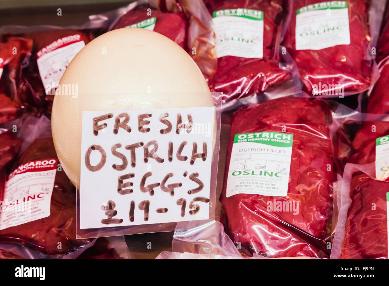 Inghilterra, Londra, Southwark, Borough Market, carne esotico Shop Visualizzazione di uovo di struzzo e carne Foto Stock