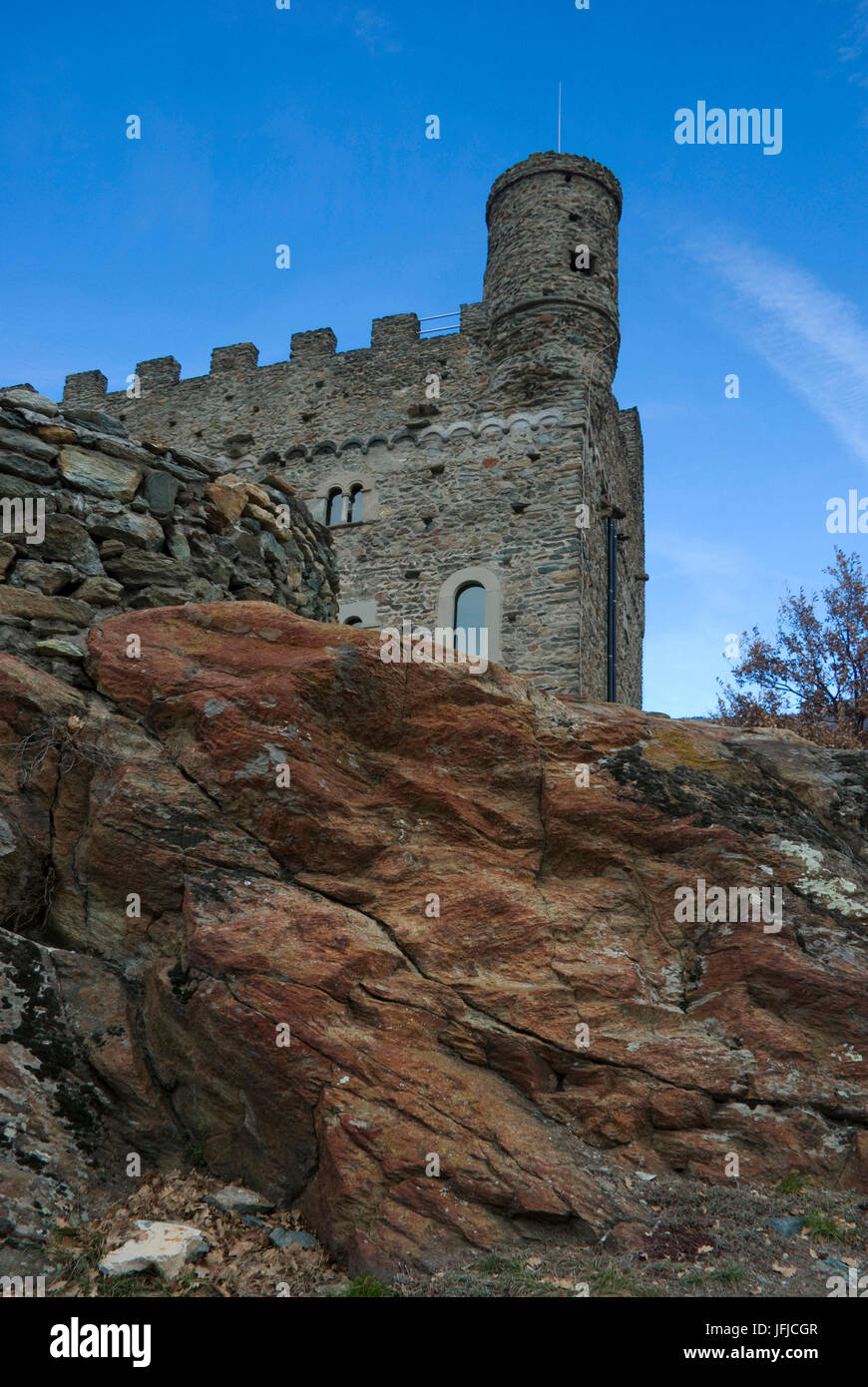 Un dettaglio del corpo di guardia del castello di Ussel, Valle d'Aosta, Italia, Foto Stock
