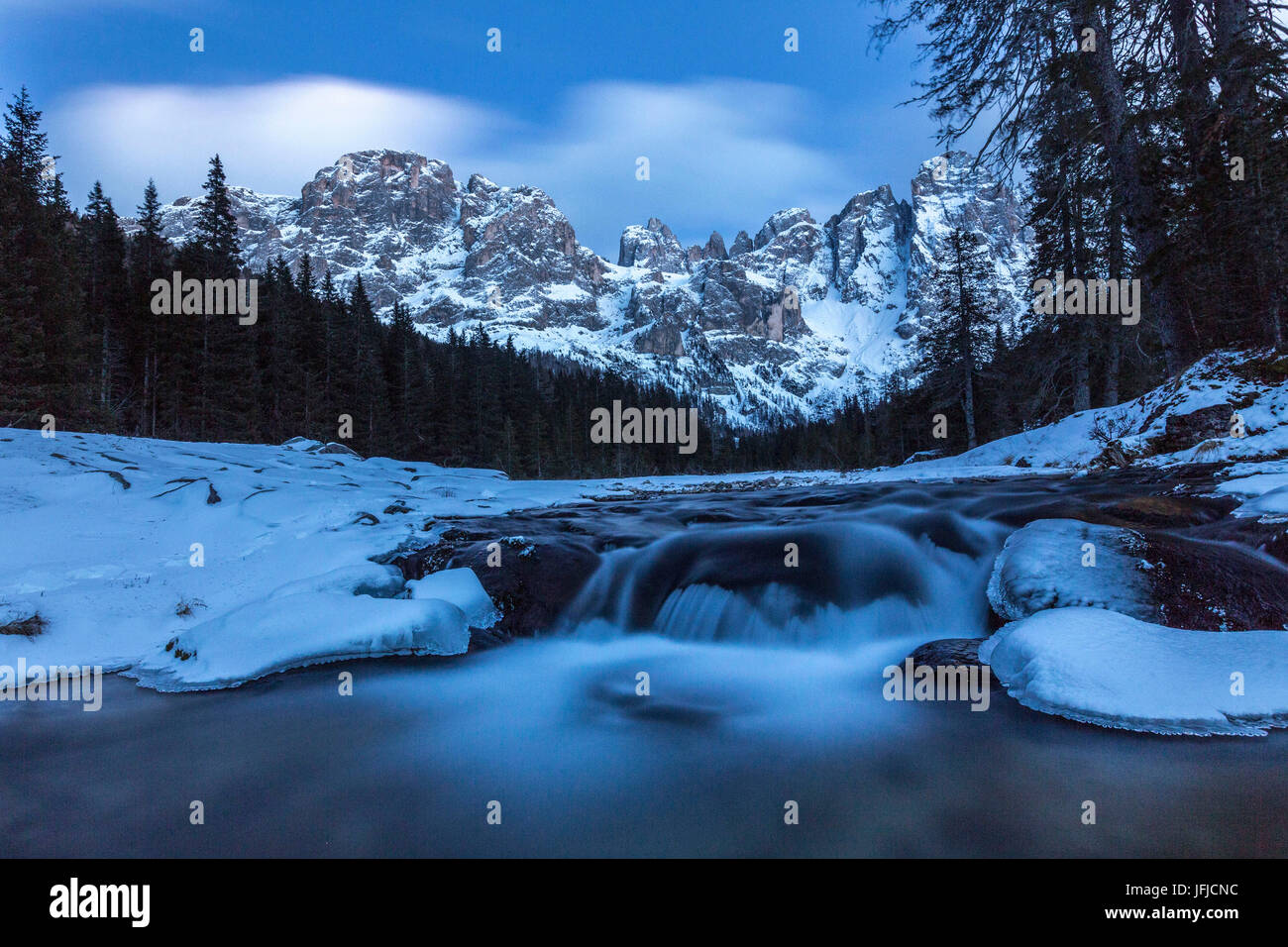 A Frozen creek sotto un freddo inverno sky, Valle Venagia Paneveggio Parco naturale Dolomiti Trentino Alto Adige Italia Europa Foto Stock