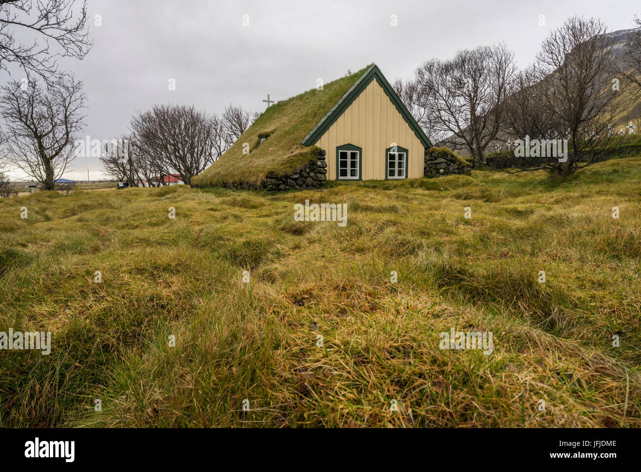 Tipica casa di tappeto erboso, 'torfbaeir' in islandese, Islanda, Europa Foto Stock