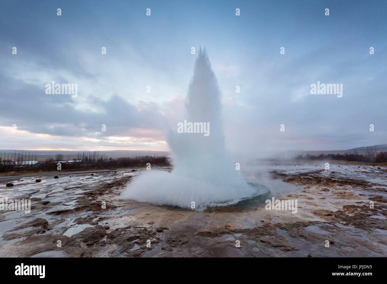 Strokkur Geyser eruzione all'alba, Haukadalur area geotermica, Haukadalur, Arnessysla, Sudurland, Islanda, Europa Foto Stock