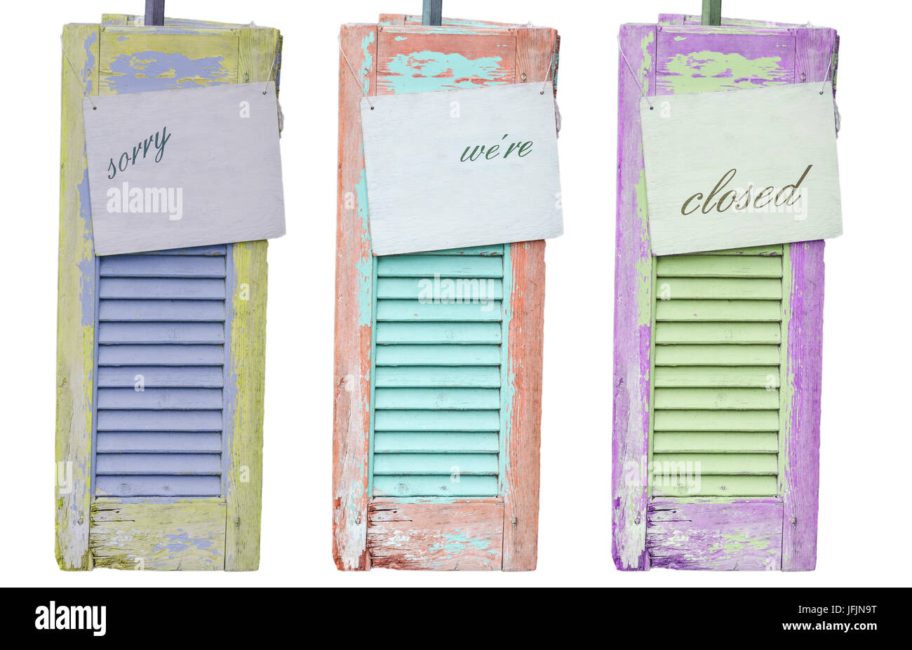 Tre Vecchi weathered decorativo persiane di legno con iscrizione Foto Stock