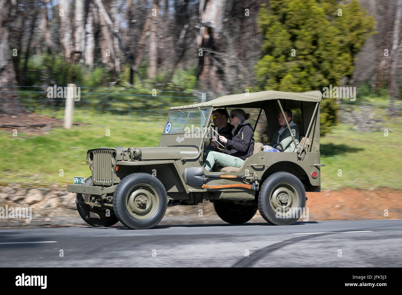L'annata 1943 Ford GPW Jeep guida su strade di campagna vicino alla città di Birdwood, Sud Australia. Foto Stock