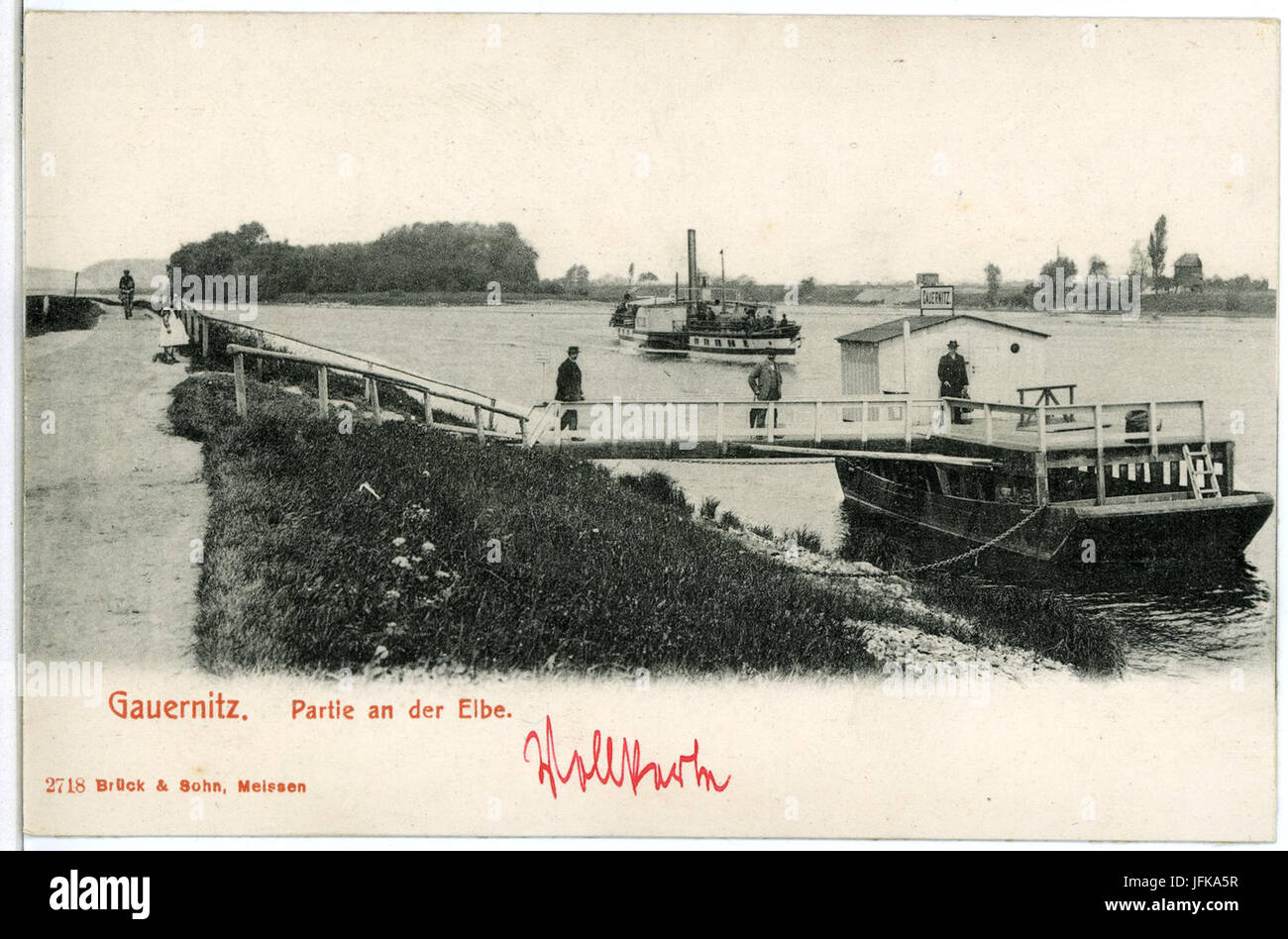 0 18-Gauernitz-1902-Dampfschiffhaltestelle, Dampfer und Gauernitzer Insel-Brück & Sohn Kunstverlag Foto Stock