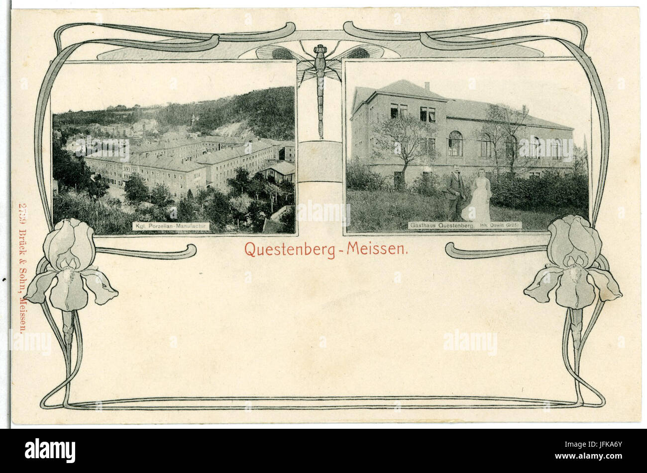 0 39-Meißen-1902-Gasthaus Questenberg mit Blick zur Porzellan-Manufaktur-Brück & Sohn Kunstverlag Foto Stock