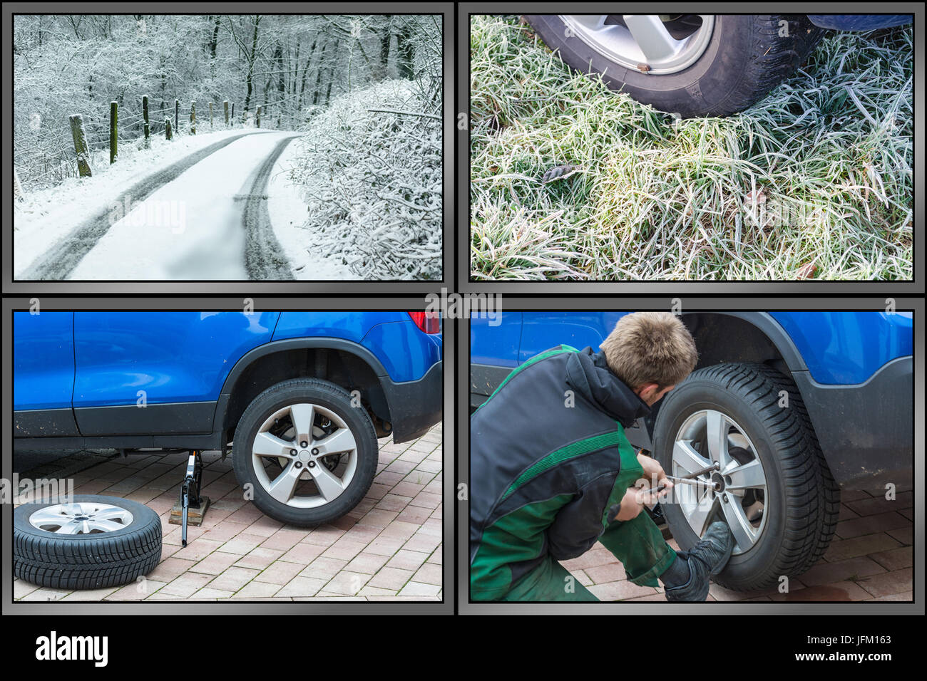 Il flusso di lavoro di cambio gomme., lo schermo è diviso in 4 sezioni. Foto Stock