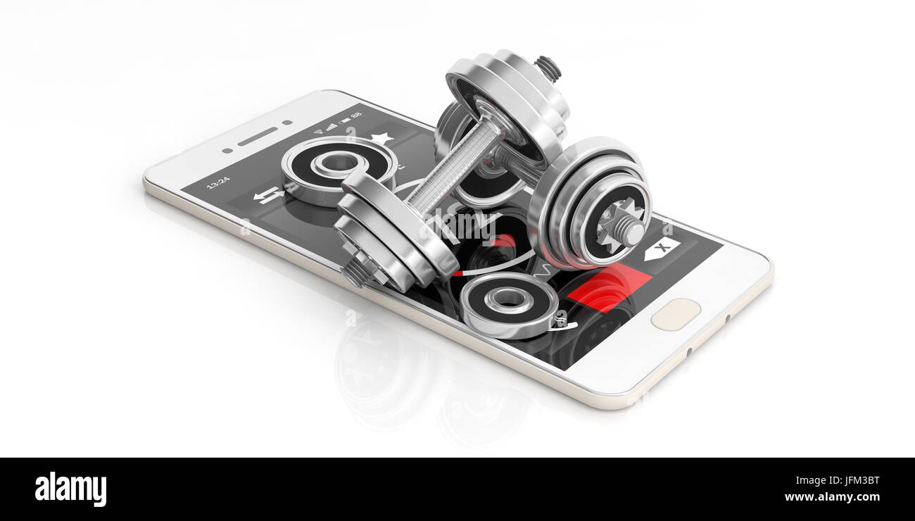 Pesi pesi e uno smartphone isolati su sfondo bianco. 3d illustrazione Foto Stock