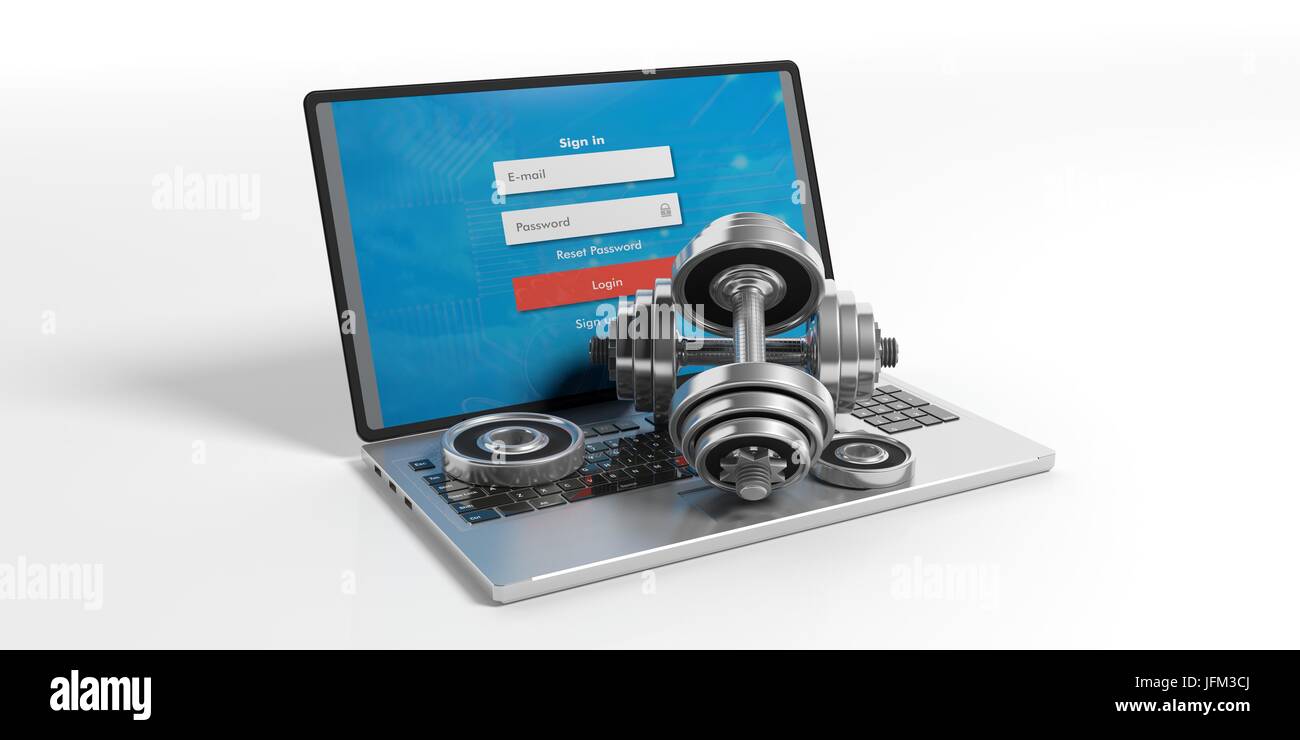 Corsi di formazione online del concetto. Pesi pesi e un computer portatile isolato su sfondo bianco. 3d illustrazione Foto Stock