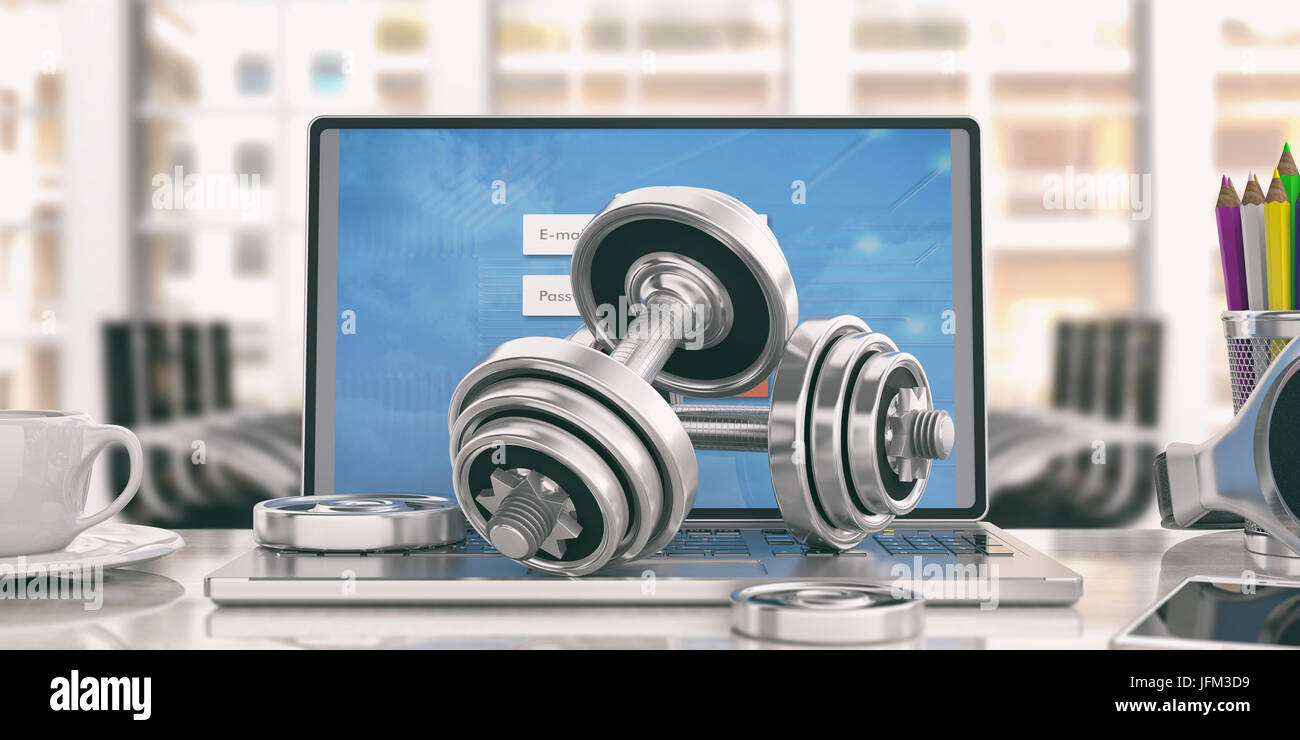 Corsi di formazione online del concetto. Pesi pesi e un computer portatile isolato - Ufficio dello sfondo. 3d illustrazione Foto Stock