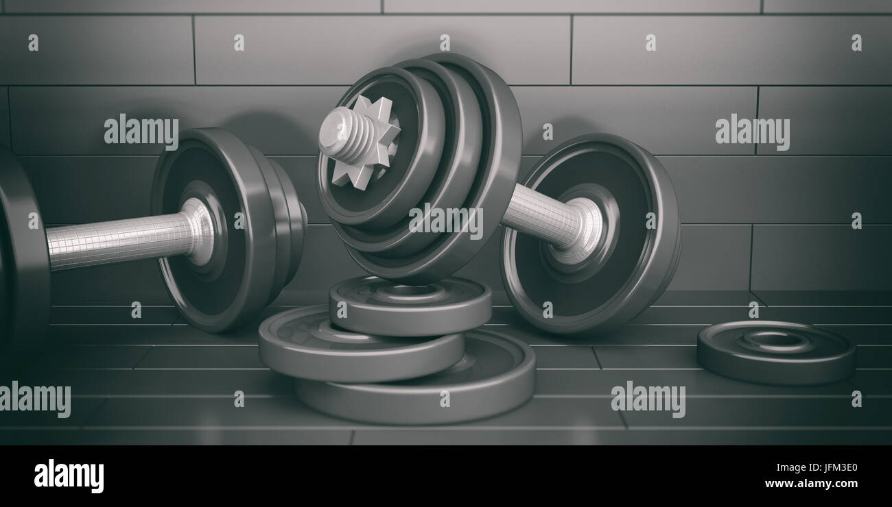 Pesi pesi su piastrelle sfondo. 3d illustrazione Foto Stock