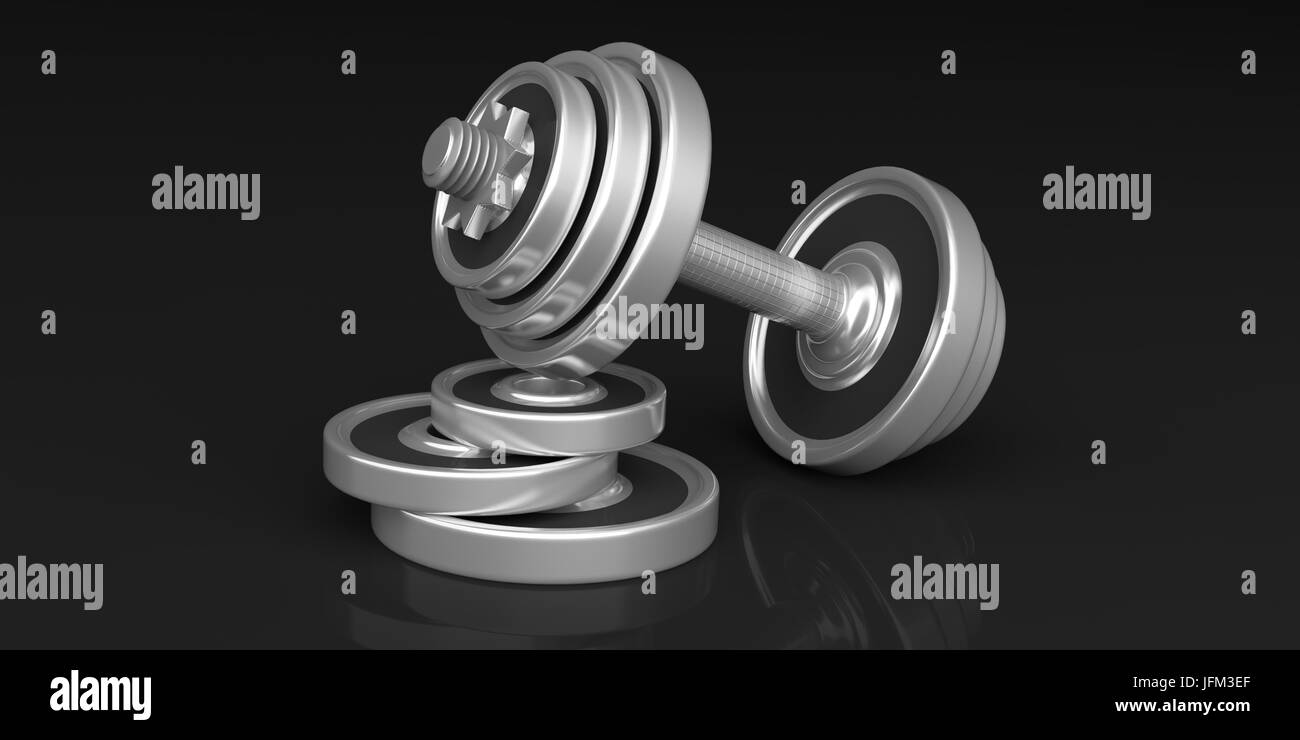 Pesi a manubrio isolati su sfondo nero. 3d illustrazione Foto Stock