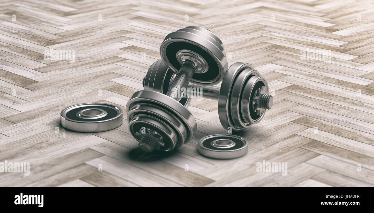 Pesi pesi su piastrelle sfondo. 3d illustrazione Foto Stock