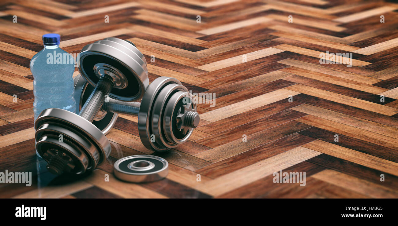 Pesi pesi su sfondo di legno. 3d illustrazione Foto Stock