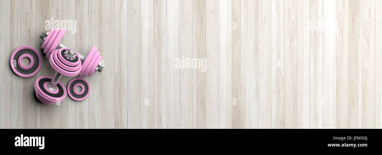 Pesi pesi su sfondo di legno. 3d illustrazione Foto Stock