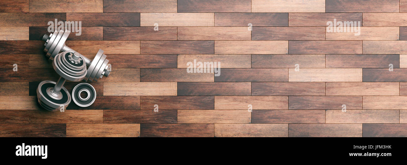 Pesi pesi su sfondo di legno. 3d illustrazione Foto Stock
