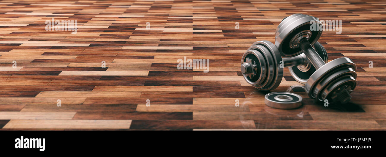 Pesi pesi su sfondo di legno. 3d illustrazione Foto Stock