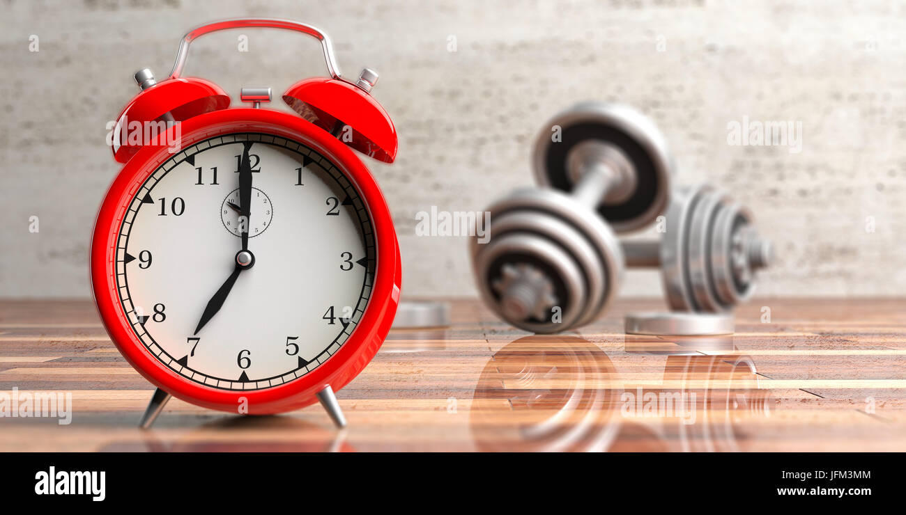 Tempo per il fitness. Pesi pesi su sfondo di legno. 3d illustrazione Foto Stock