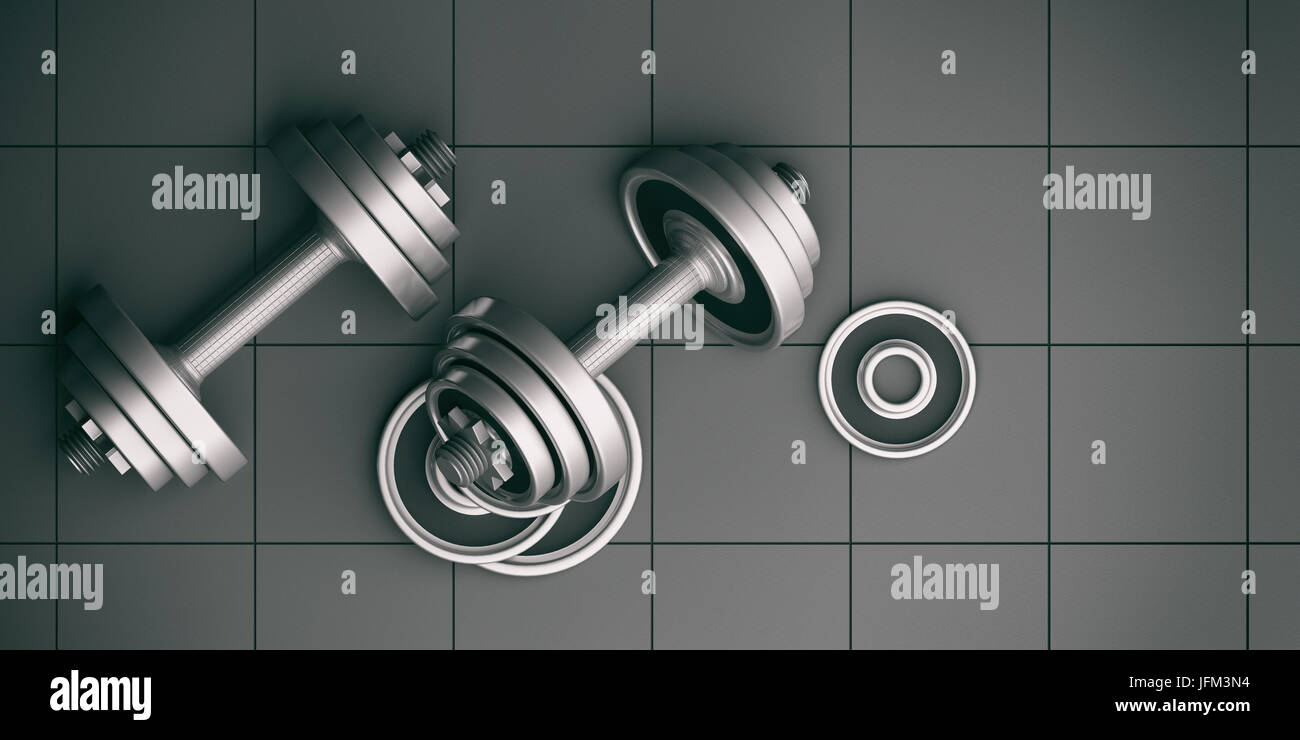 Pesi pesi su piastrelle sfondo. 3d illustrazione Foto Stock