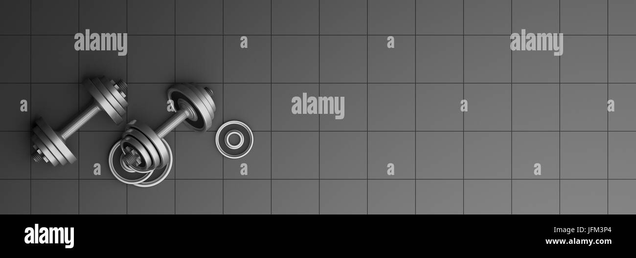 Pesi pesi su piastrelle sfondo. 3d illustrazione Foto Stock