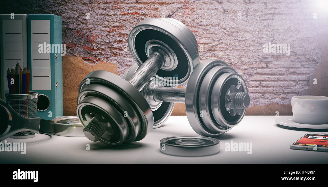 Pesi pesi su una scrivania - brickwall sfondo. 3d illustrazione Foto Stock