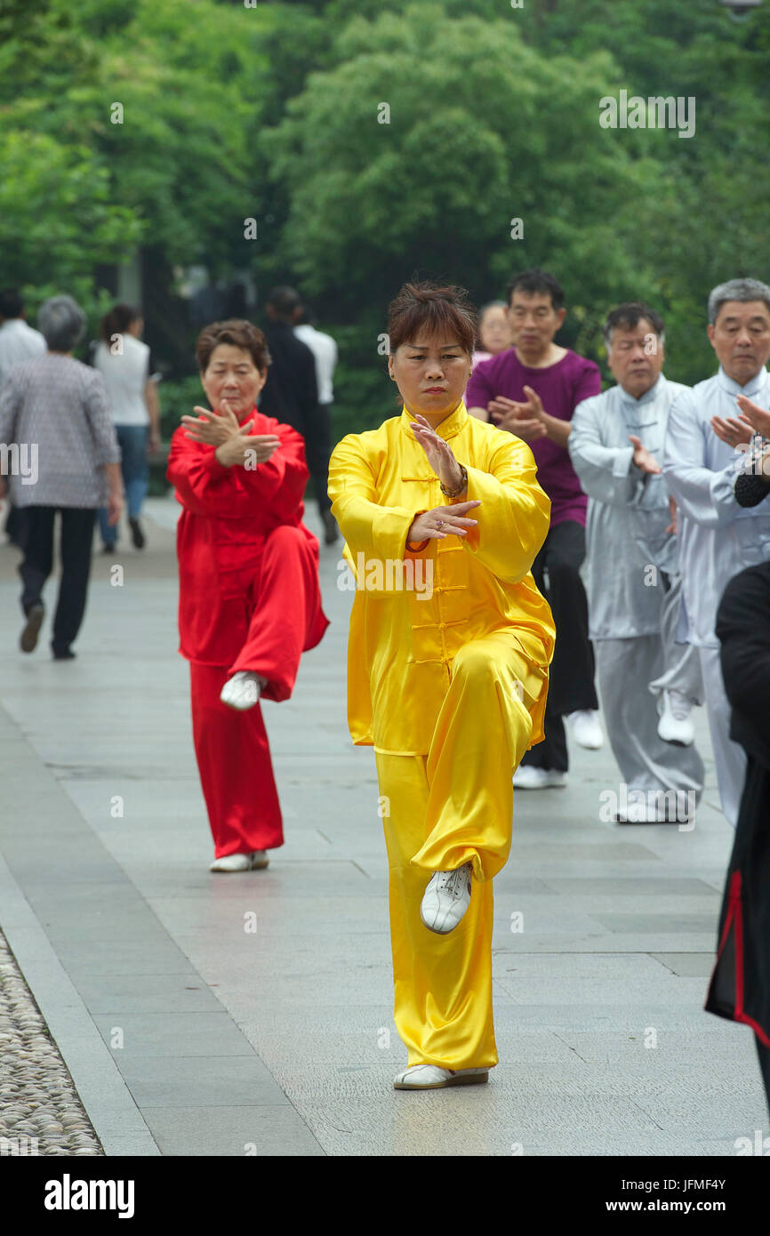 La Cina, nella provincia di Zhejiang, Hangzhou, patrimonio mondiale dell UNESCO, banchine lungo il lago occidentale (Xihu), mattina Tai-Chi Foto Stock
