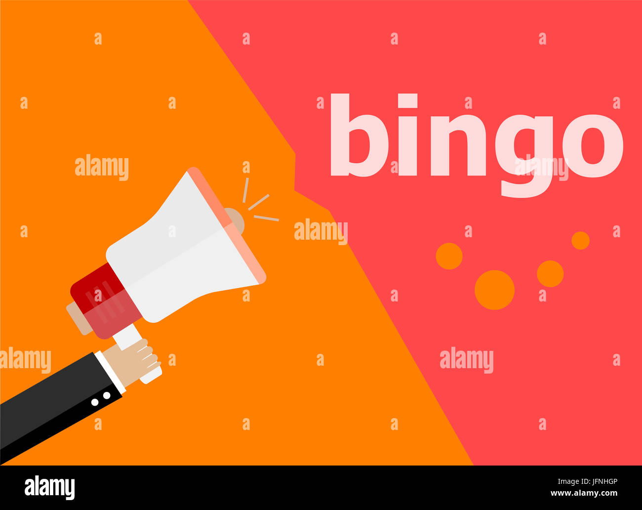 Bingo. Mano azienda megafono e discorso bolla. Design piatto Foto Stock
