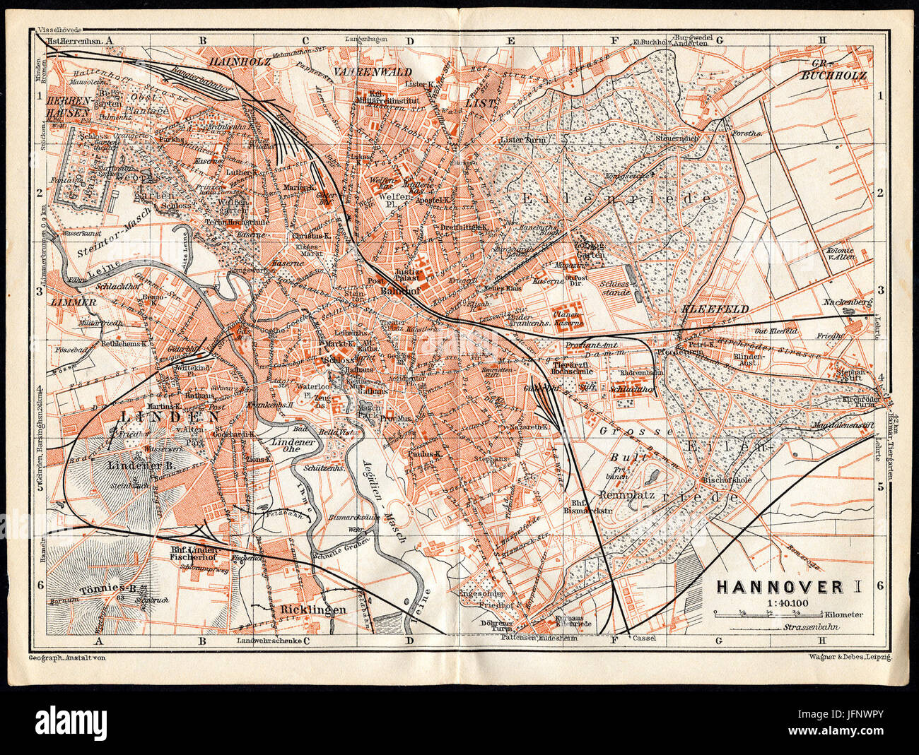 1911 circa Stadtplan Hannover, Geographische Anstalt von Wagner & Debes, Lipsia, 01 mit Strassenbahn und Feldbahnen Foto Stock