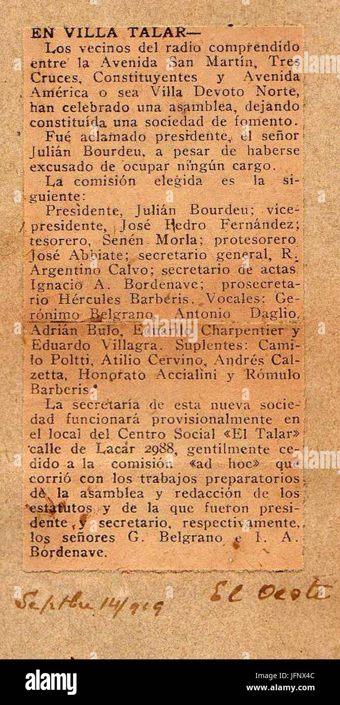 1919-09-14-El Oeste-Creación Asociación Fomento Villa talari Foto Stock