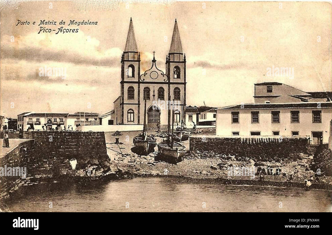 1920, Vila da Madalena, Porto Velho e Matriz da Vila da Madalena, Ilha do Pico, Arquivo de Villa Maria, Terceira, Açores Foto Stock