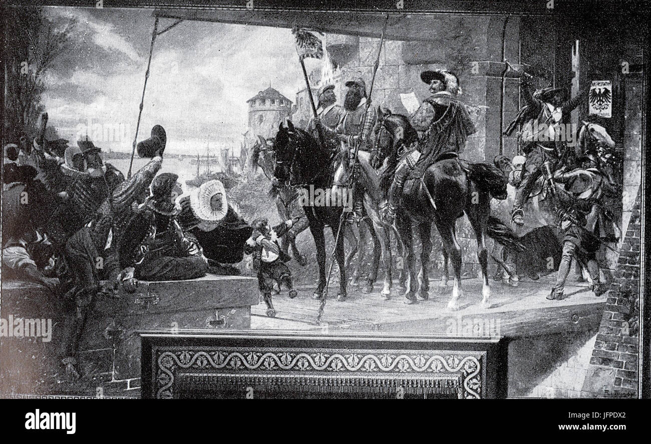 Albert Baur (1835 - 1906), Wandgemälde im la Sitzungssaal des Neuen Rathauses Düsseldorf, Besitzergreifung Düsseldorfs durch die Brandenburger 1609 Foto Stock