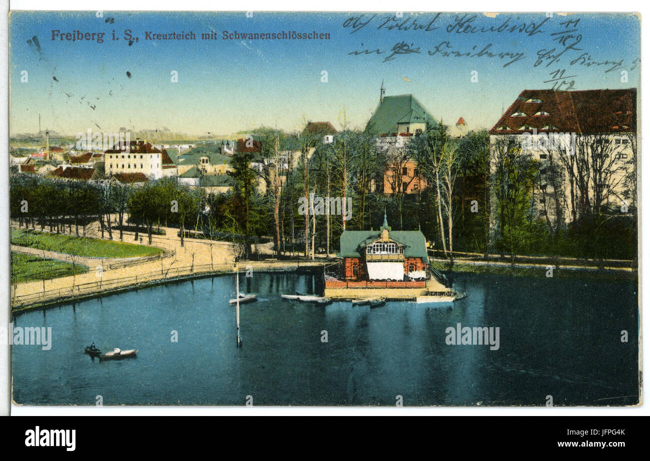 11850-Freiberg-1910-Kreuzteich mit Schwanenschlösschen-Brück & Sohn Kunstverlag Foto Stock