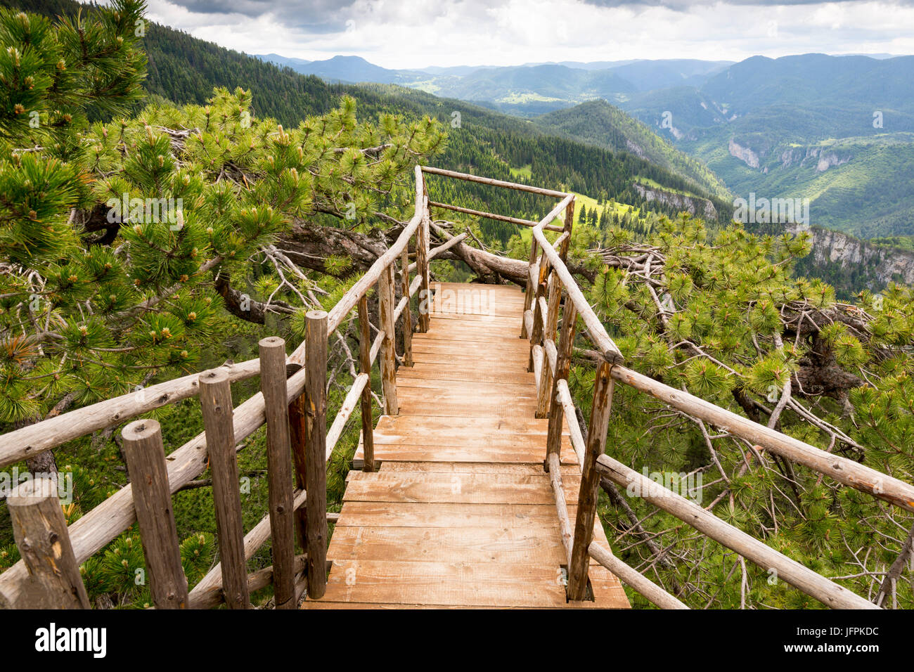 Ponte di legno in alta montagna è stato studiato per la visualizzazione di lato dal di sopra. In alberi di pino. Immagine viva della montagna. Turismo di destinazione. Foto Stock