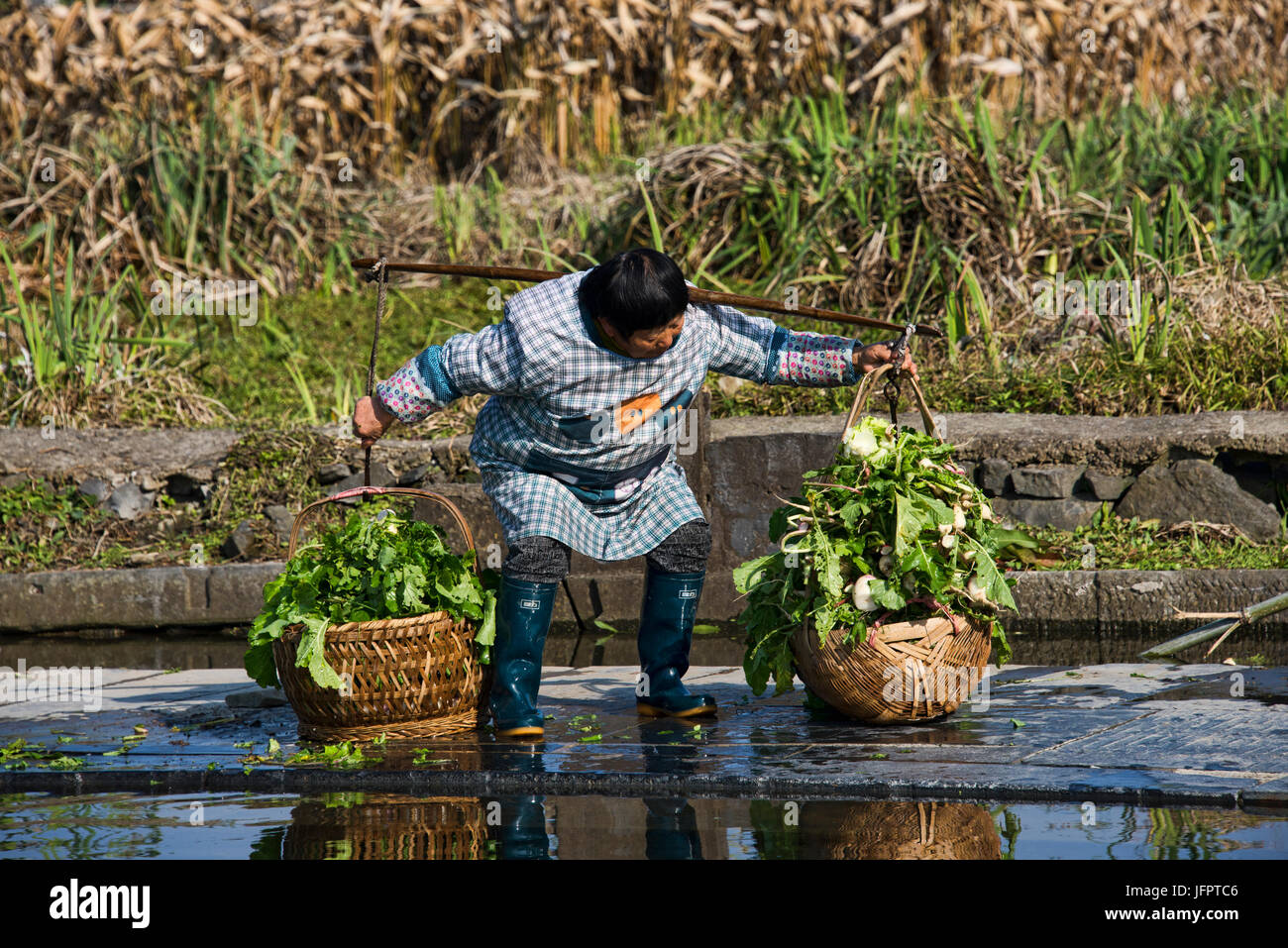 Il lavaggio della verdura nel borgo antico di Xidi, Anhui, Cina Foto Stock