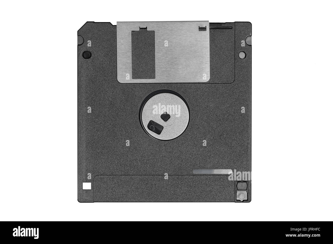 Indietro top view di un nero vintage floppy disk su sfondo bianco Foto Stock