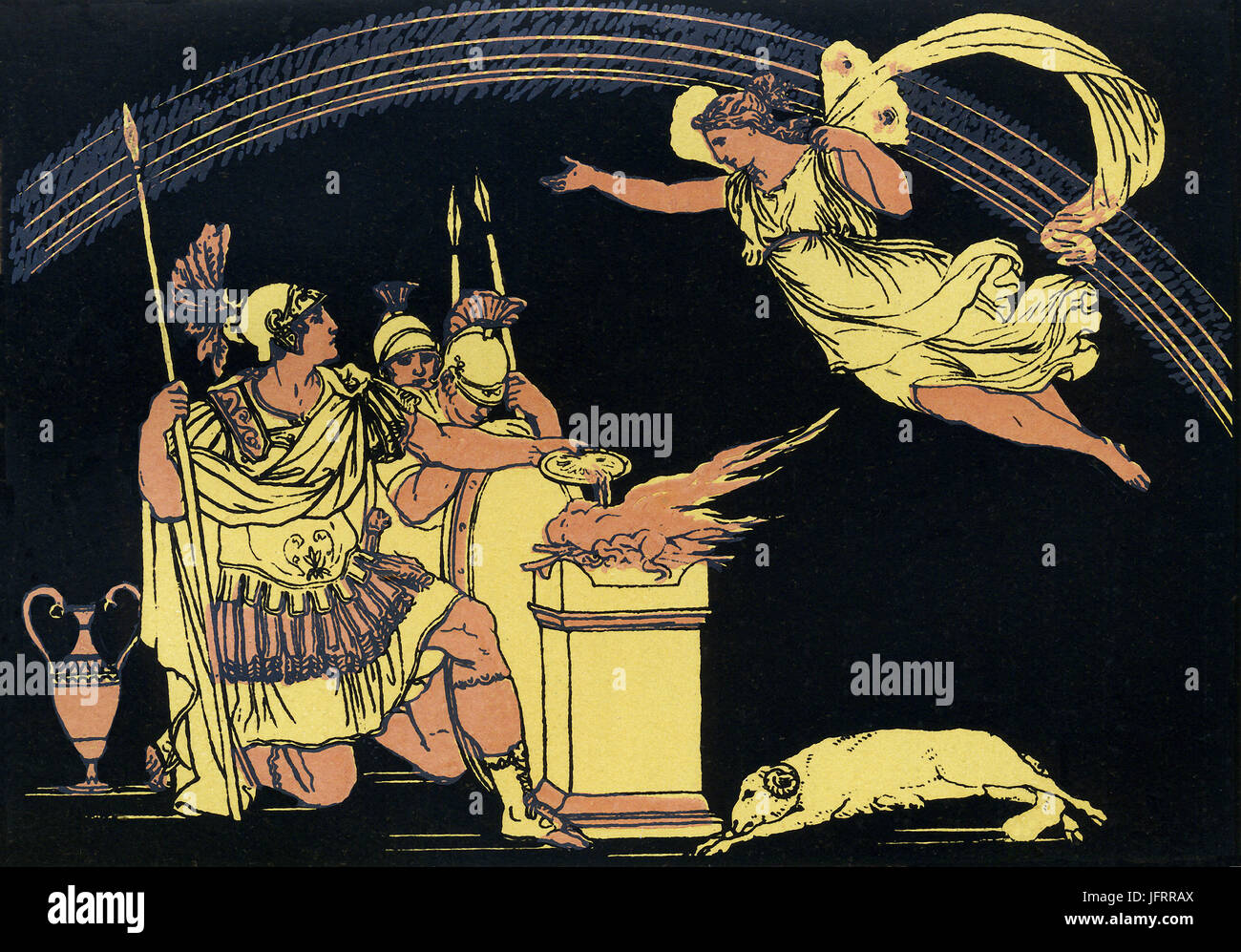 Il primo secolo A.C. Poeta romano Virgilio scrisse nel suo poema Eneide che il 'Iris alato, seduto su una nuvola di fronte un arcobaleno, sembra Turnus sulla scalinata del Palazzo.' Nella mitologia greca (romana, Iris è stata onorata come la dea dell'arcobaleno. Nel racconto di th guerra di Troia, Hera (Giunone per i romani), la regina degli dèi e una divinità che hanno favorito i Greci oltre il trojan, invia Iris per raccontare Turnus, capo dei Rutuli in Italia e il primo nemico di Enea una volta egli arriva in Italia, all'attacco di Enea e la sua banda di Trojan, e che la distribuzione è buona come Enea ha Foto Stock