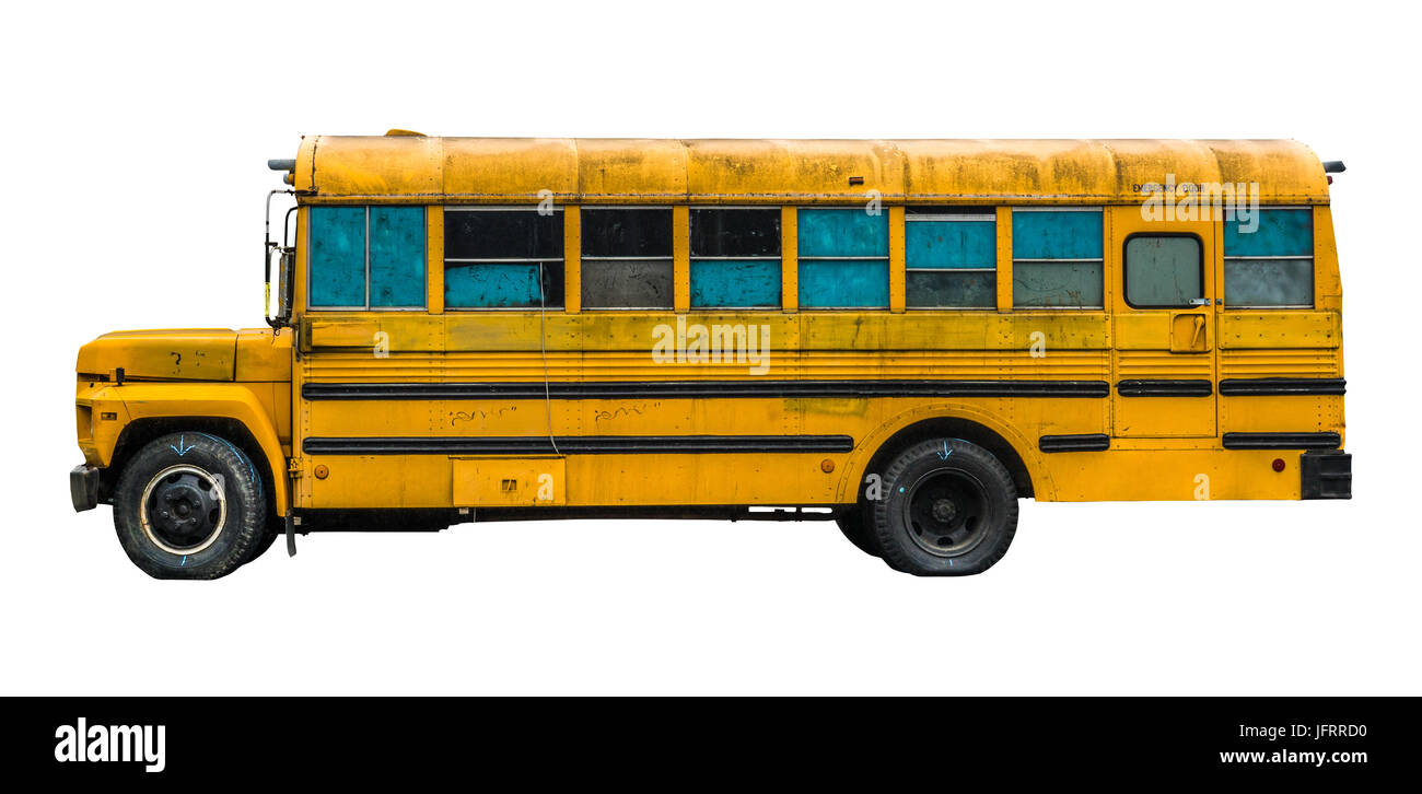 Isolato Grungy vecchio abbandonato USA giallo Public School Bus Foto Stock
