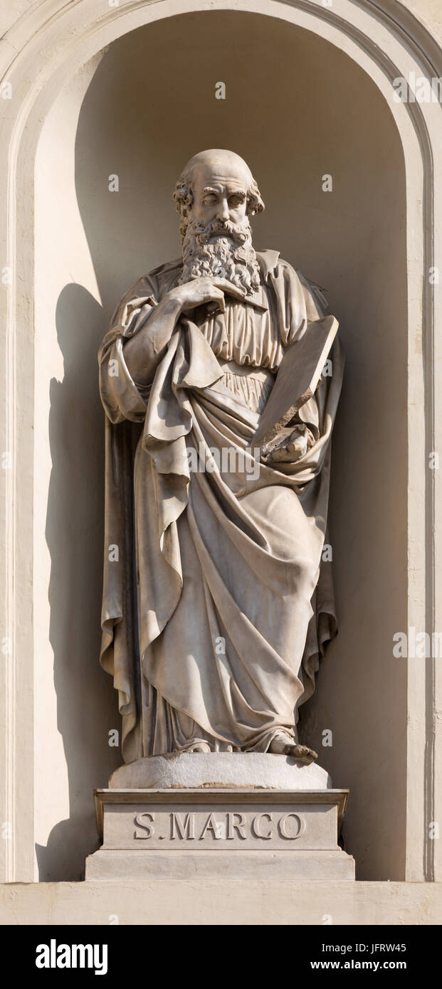 Torino, Italia - 16 Marzo 2017: la statua in marmo di San Marco Evangelista sulla facciata della chiesa di San Massimo da 19. cento. Foto Stock