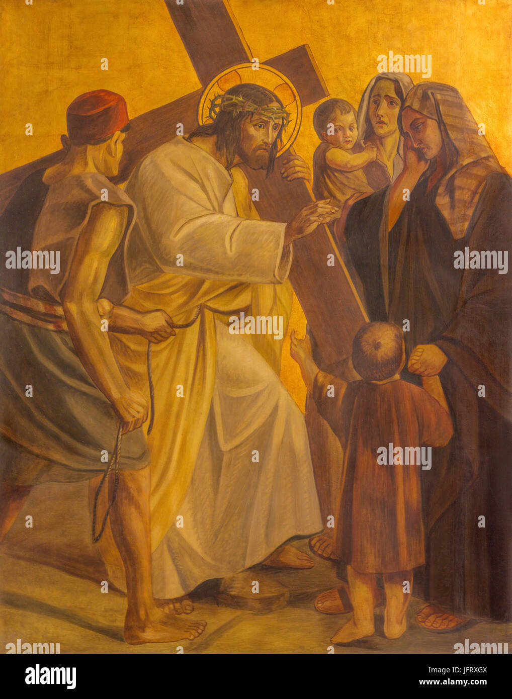 Berlino, Germania - Febbraio 16, 2017: La vernice sulla piastra di metallo - Gesù incontra le donne di Gerusalemme nella chiesa di San Matteo di Philipp Schumacher Foto Stock