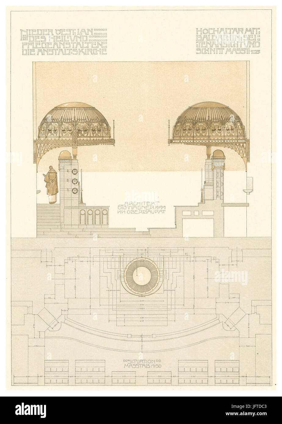 12 Otto Wagner-Kirche - Baumgartnerhöhe - Wagner la fascia 5. 6.und 7. *** Heft - Hochaltar mit baldacchino, Seitenansicht und Schnitt, Rasterdruck Foto Stock