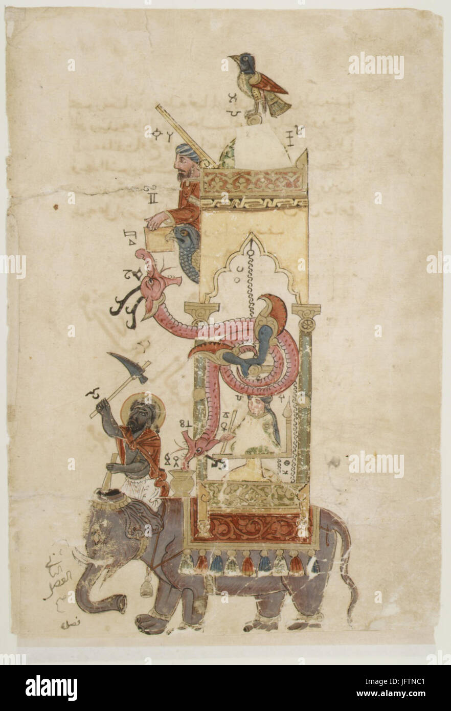 L'elefante Orologio , Folio da un Libro della Conoscenza del geniale di dispositivi meccanici di al-Jazari incontrato ISL151 Foto Stock