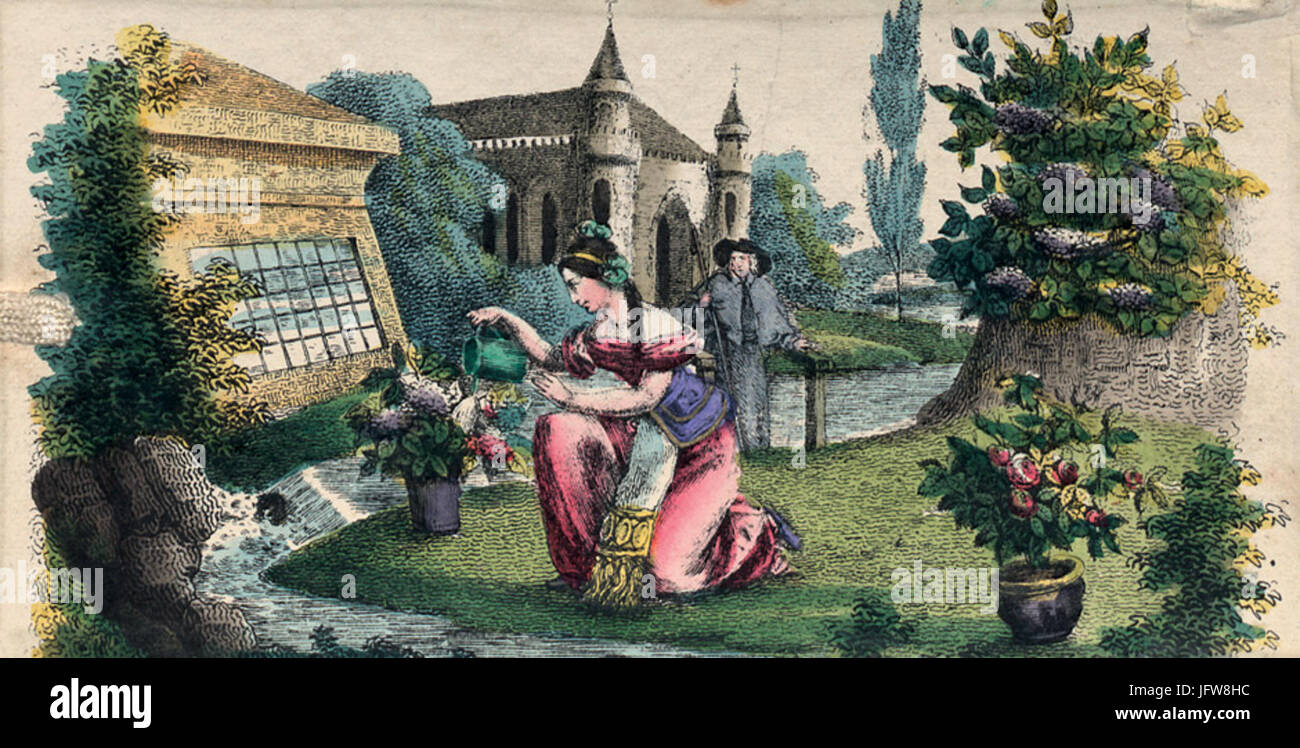 Blumengießen Stammbuchblatt Foto Stock